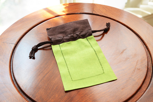 Hemstitch sachet bag, multi color, hot green & brown top border - Click Image to Close